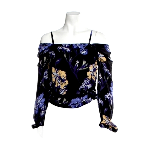 NWT Ramy Brook Black Cori Floral Print Cold Shoulder Silk Top - Picture 2 of 8